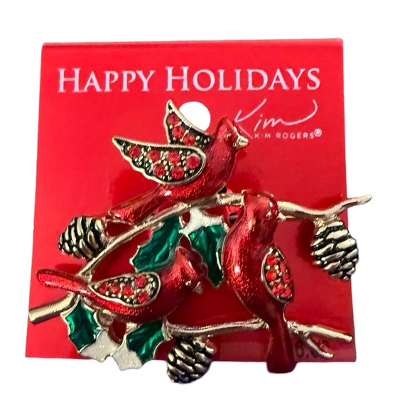 NWT VINTAGE 2013 KIM ROGERS Holiday Red Cardinals Rhinestone Bird Brooch Pin - Picture 2 of 3